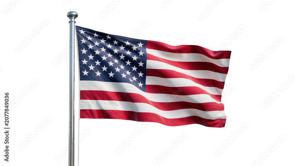 Obraz premium Waving American flag on a silver pole, isolated on transparent background