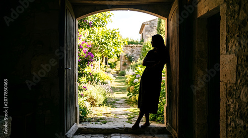 Woman standing in doorway looking out at garden pathway with flowers