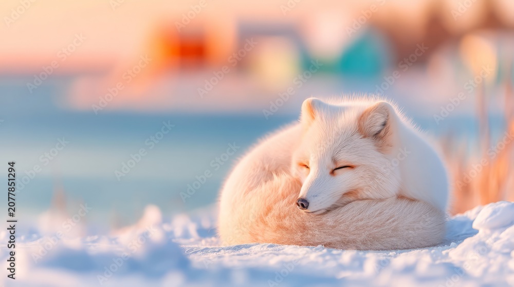 Fototapeta premium Arctic Fox Curled in Tight Ball on Frozen Tundra with Soft Sunset Glow
