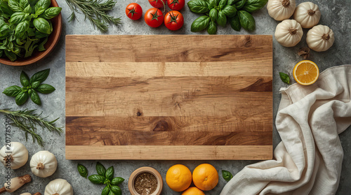 Organic grocery flat lay featuring fresh vegetables, herbs, and fruits on a wooden cutting board with a textured gray background and a white cloth draped beside