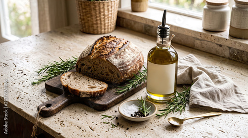 Freshly baked sourdough bread on a wooden cutting board with olive oil, rosemary sprigs, and a small dish of black pepper on a rustic kitchen countertop