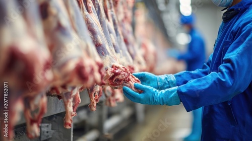 Worker inspecting beef carcasses in a modern meat processing facility, ensuring food safety, hygiene standards, quality control, and regulated meat production.