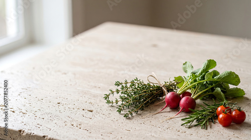 Organic Grocery Flat Lays Fresh Radishes, Cherry Tomatoes and Herbs on Rustic Table