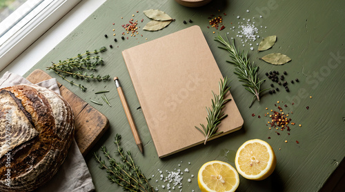 Organic Grocery Flat Lays with Blank Recipe Notebook, Fresh Herbs and Lemons on Rustic Green Background