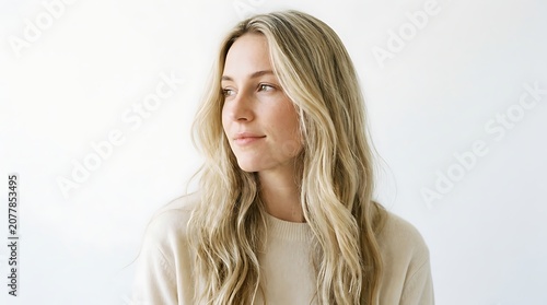 Portrait of a young woman with blonde hair looking aside against white background