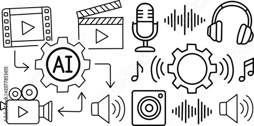 Artificial intelligence technology icons for audio video editing and music production tools  AI generated media concept with gear and sound wave symbols