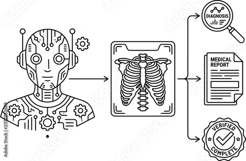 Robot analyzing medical report and human skeleton with diagnosis and verification  medical technology concept