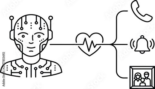 Robot connected to heart symbol with phone bell and family picture  technology and healthcare concept