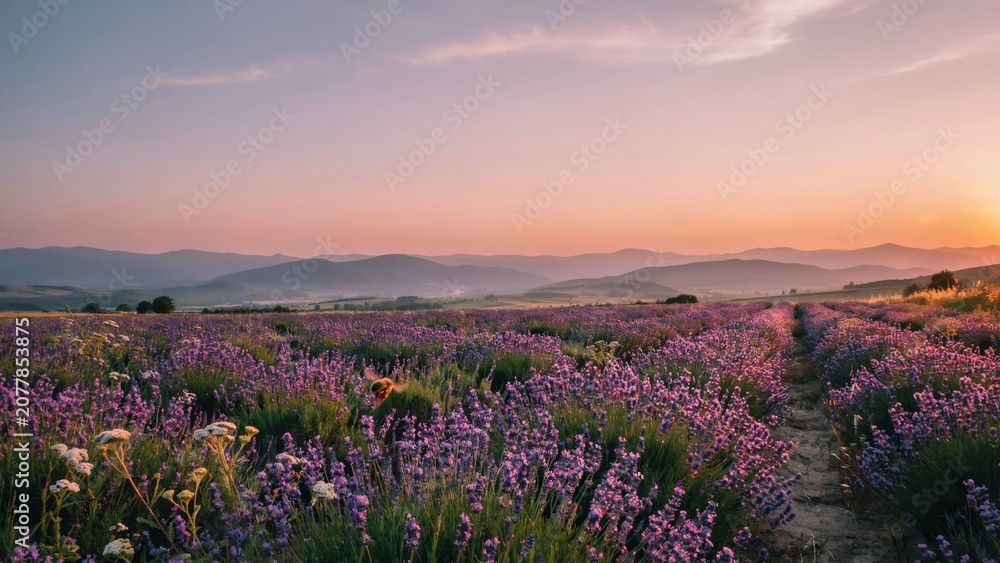 Fototapeta premium Lavender Flower Field Sunset Mountain Valley Landscape