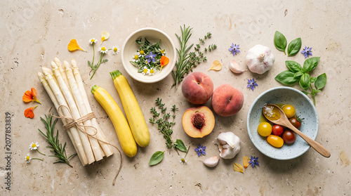 Organic Grocery Flat Lays Asparagus, Zucchini and Fresh Produce on Beige Background