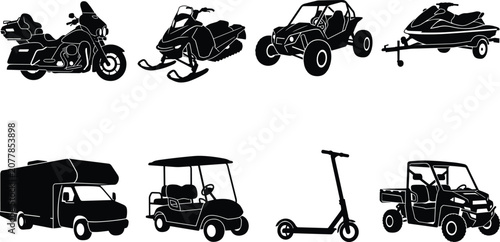 Obraz na plátne Black and white recreational vehicles vector icons set featuring motorcycle snow
