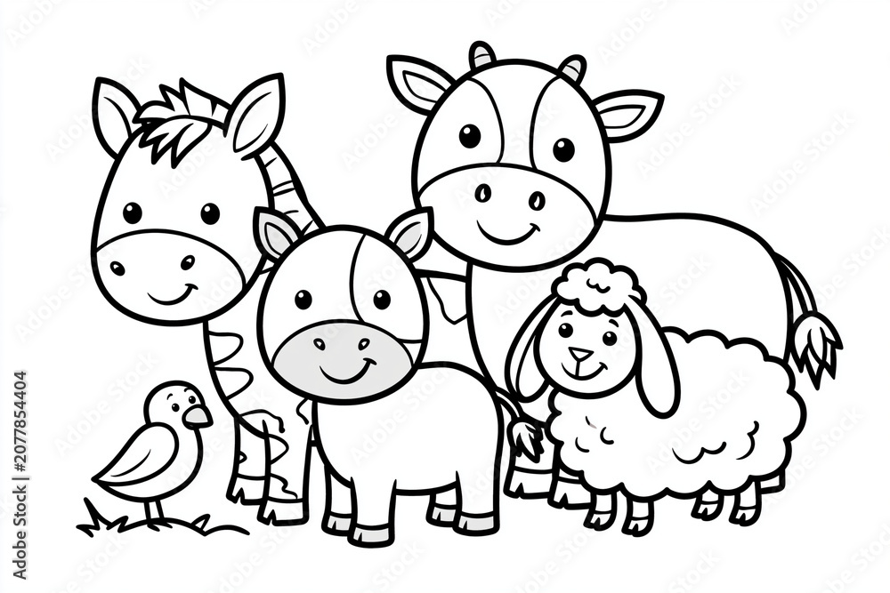 Naklejka premium Cute farm animals stand together in a happy group. Zebra, cow, pig, sheep, and a bird smile at each other. Simple black lines create a friendly, inviting feel