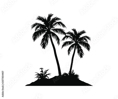 Palm vector silhouette tropical island scene with two trees