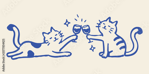 Quadro su tela Cats Clinking Wine Glasses Doodle Vector Illustration