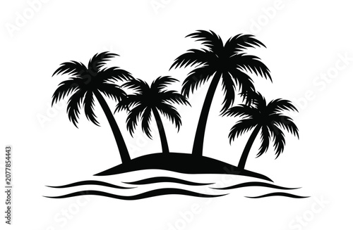 Palm vector silhouette tropical island scene with four trees