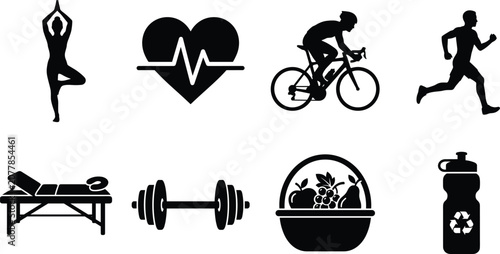Cuadro en lienzo Fitness and healthy lifestyle icons set featuring yoga pose heart rate cycling r