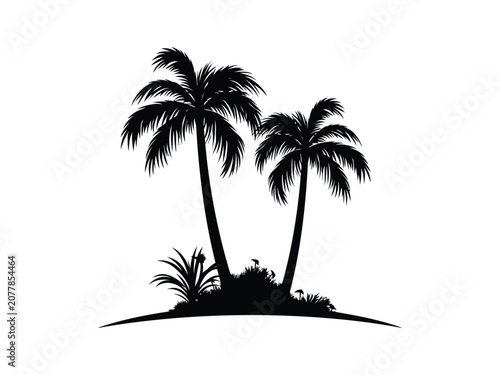 Palm vector silhouette tropical island landscape with two trees