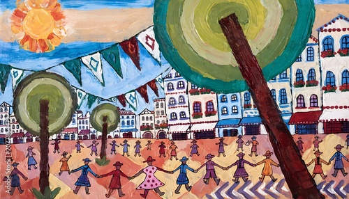 Folk art painting of a festive town square celebration with people dancing hand in hand under colorful bunting flags