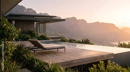Luxury Infinity Pool Overlooking Majestic Mountain Range At Sunset