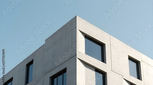 Modern Concrete Building With Geometric Facade and Rectangular Windows Against a Clear Sky