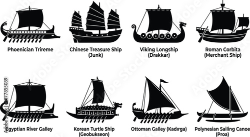 Quadro su tela Historical sailing ships and ancient naval vessels vector silhouette icon set re