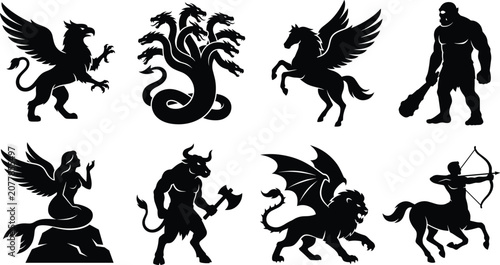 Tableau sur toile Mythological creatures and fantasy monsters vector silhouette icon set featuring