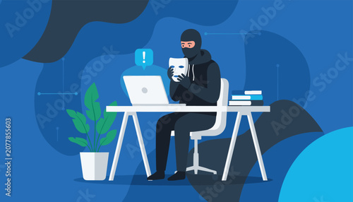 Cyber criminal wearing a black balaclava and holding a theater mask while working on a laptop on a dark background.