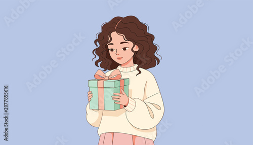 Happy young woman with curly brown hair holding a beautifully wrapped gift box with a pink bow on a soft blue background.