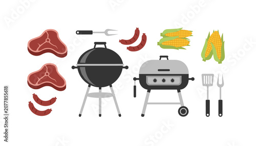 Outdoor barbecue set featuring charcoal grills, raw beef steaks, grilled sausages, sweet corn, and BBQ tools.