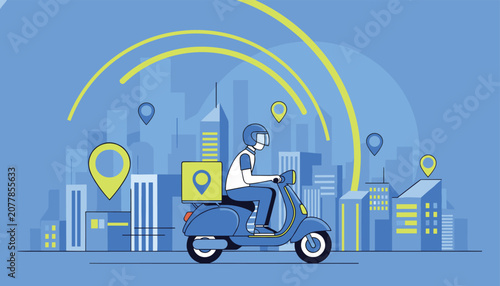 Delivery service courier riding a blue scooter through a modern city with location pins and map navigation signals.