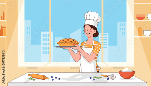 Professional female pastry chef presenting freshly baked warm pie in modern kitchen with city view background.