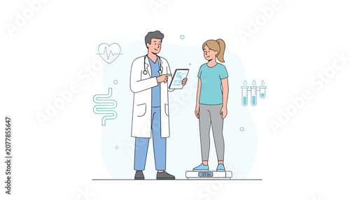 Professional male doctor analyzing health data with female patient standing on digital weighing scale in clinic.