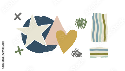 Abstract artistic collage featuring geometric shapes, organic brush strokes, retro star, and golden heart.