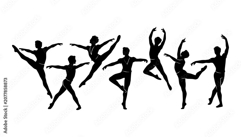 Fototapeta premium Male ballet dancers perform grand jetés on studio background.