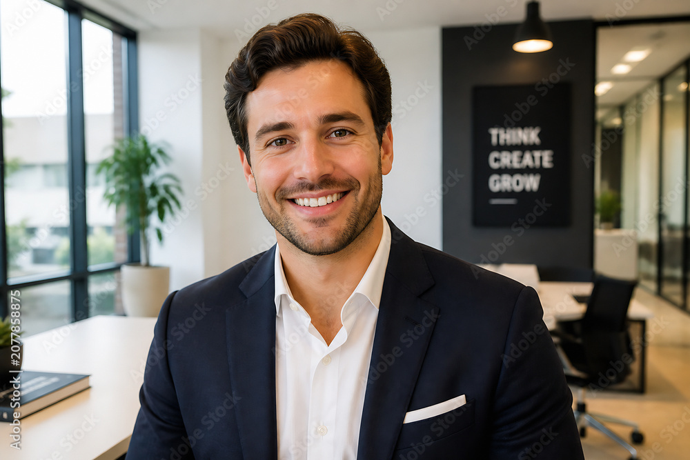 Fototapeta premium A smiling man in a suit is posing indoors in a modern office setting with large windows and a motivational sign.