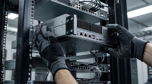 IT technician installing server rack hardware, data center maintenance and network infrastructure macro close-up, technology detail, industrial background