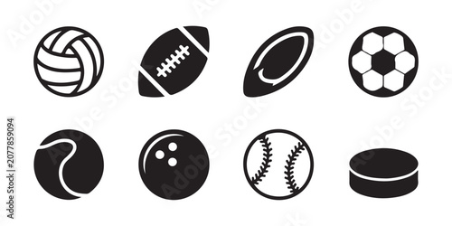 Foto Selection of sports ball icons comprising volleyball football rugby ball soccer tennis bowling baseball