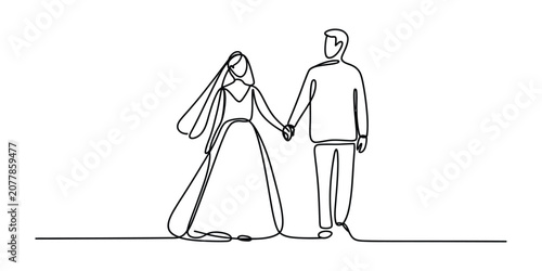Bild auf Leinwand Continuous single line drawing of a bride and groom holding hands as a newlywed