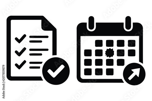 Silhouette icons of checklist and calendar with verification mark and arrow on white background