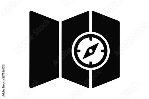 Silhouette navigation icon with compass on map isolated on white background for travel design