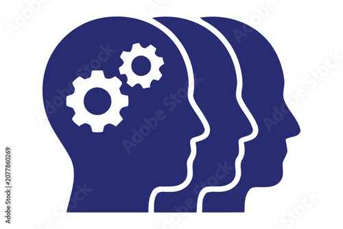 Silhouette of three human heads with gear in blue silhouette style isolated on white background for design