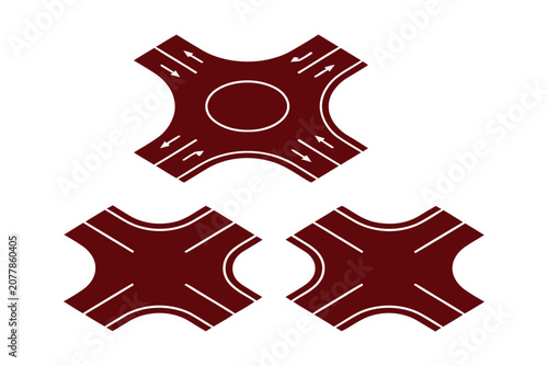 Silhouette road junction icons in maroon on white background