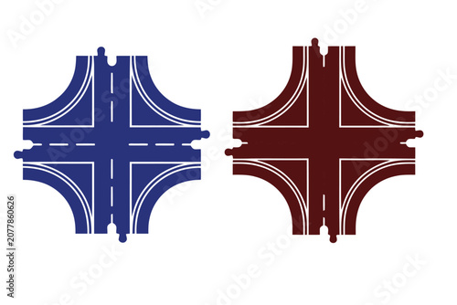 Silhouette style road intersection icons in blue and maroon on white background for design elements