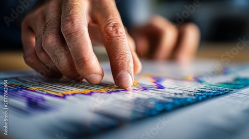 Close-up of a hand pointing at a line graph on a printed sheet, indicating data analysis and focus