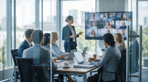 Business team in modern conference room attending hybrid meeting with remote colleagues on video screen.