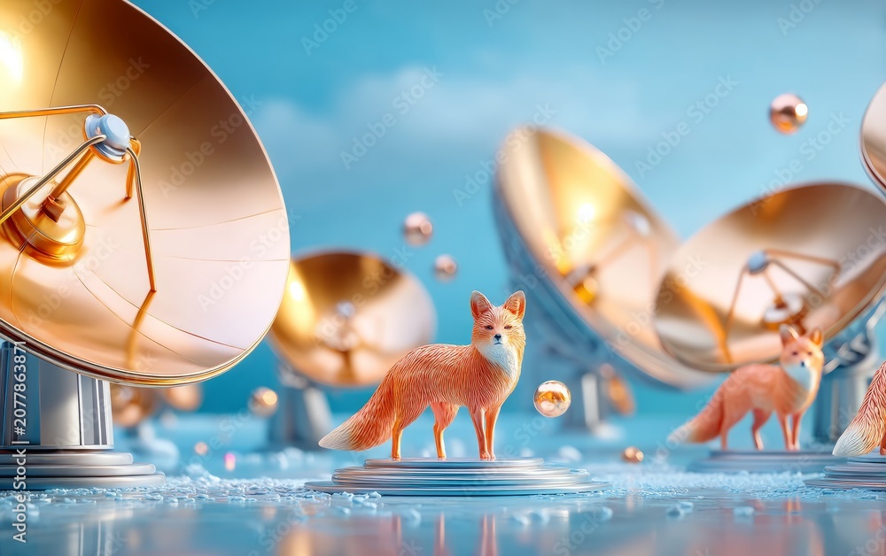 Fototapeta premium Rose Gold 3D Render of Foxes Surrounded by Giant Floating Objects