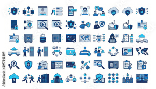 Extensive cyber security and digital data protection flat vector icon pack for enterprise with security protection encryption technology internet firewall authentication password computer