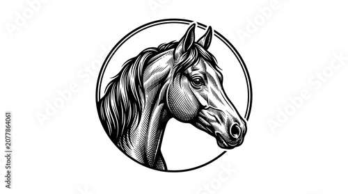 Circular horse head engraving in vintage style.