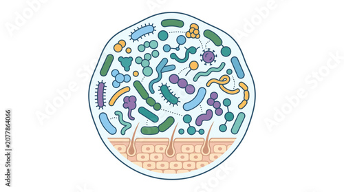 Circular human skin microbiome bacterial ecosystem illustration.