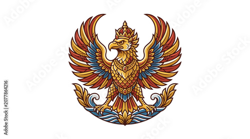 Circular Garuda eagle emblem mythological symbol.